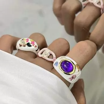 Открытое кольцо с изображением медведя из мультфильма, капающее масло, нерегулярное эмалевое кольцо, винтажное кольцо с рисунком, пара Style A