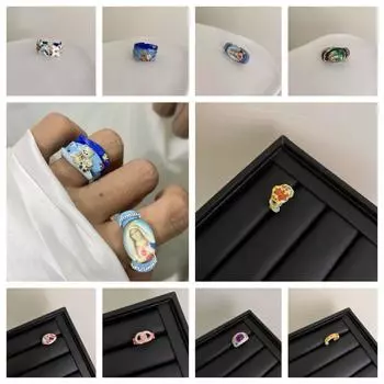 Открытое кольцо с рисунком, геометрическое нерегулярное эмалевое кольцо, милое украшение в виде мультяшного медведя Style A