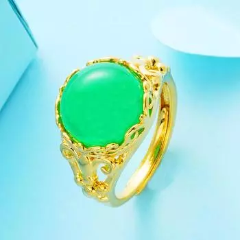 Открытое кольцо в винтажном стиле из вьетнамского песочного золота с имитацией халцедона и малайского нефрита для женщин Adjustable Open Size