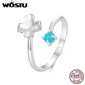 Открытое кольцо WOSTU из стерлингового серебра 925 пробы с четырьмя лепестками клевера и бирюзой для женщин, вечерние, день рождения, счастливый подарок, ювелирные украшения SCR1023-E