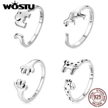 Открытое кольцо WOSTU из стерлингового серебра 925 пробы с лапой щенка, динозавром, слоном и жирафом, кольца с животными для девочек A