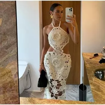 Открытые цветочные пляжные платья кружева утягивающие спина талия открытая шея подтяжки жилет сексуальное без бретелек женское длинное платье S