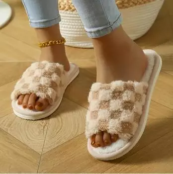 Открытые пушистые тапочки домашние теплые нескользящие ворсистые утолщенные удобные плюшевые хлопковые тапочки белый