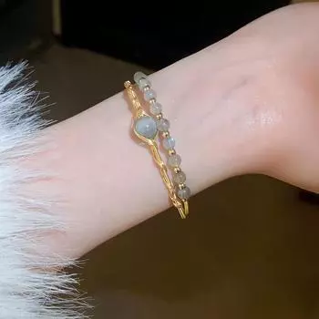 Открытый браслет из настоящего золота с гальваническим покрытием из лунного камня, новый нишевый продукт, легкий роскошный универсальный браслет, ювелирные изделия высокого класса