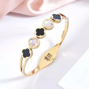 Открытый браслет из нержавеющей стали с четырьмя листами клевера и бриллиантами, который не выцветает золотой