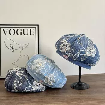 Открытый корейский блогер винтажная цветочная вышивка вперед шляпа берет дети лето новый художник шляпа прилив M56-58cm темно-синий