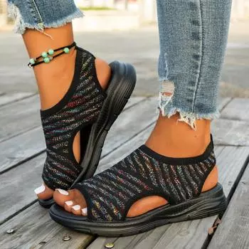 Открытый носок, пятнистый толстый подошва осенние босоножки с рукавами-рыбьей головой повседневные модные туфли на низком каблуке женские туфли происхождение большой размер спортивные 35 чёрный