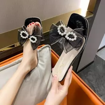 Открытый носок Word Job Clear Outside Pearl с бантом Прозрачный низкий каблук Off White Slides Женские тапочки и сандалии 38 белый