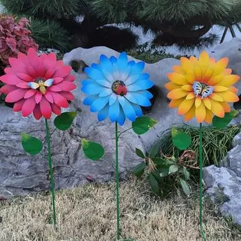 Открытый сад, железные цветы, патио, вилла, газон, подсолнечник, декоративная композиция, плагины, цветочная статуя