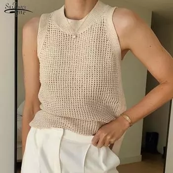 Открытый вязаный женский жилет на бретелях, летние топы без рукавов, женские однотонные базовые майки из ледяного шелка, женские майки 14810 OneSize абрикосовый