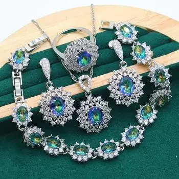 Отличительные комплекты ювелирных изделий из серебра 925 пробы для женщин, свадебный браслет с радужным синим цирконием, серьги, ожерелье, кулон, кольцо, подарок на свидание 6