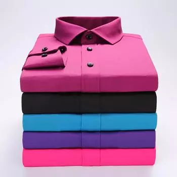 Отличные однотонные классические мужские рубашки с длинным рукавом и отложным воротником из бамбукового волокна, эластичные облегающие рубашки для социальных сетей S