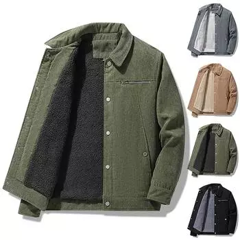 (Отличный дом)Мужская вельветовая утолщенная плюшевая куртка, куртка большого размера, однотонная свободная куртка с лацканами из ягненка XXL армия зеленый