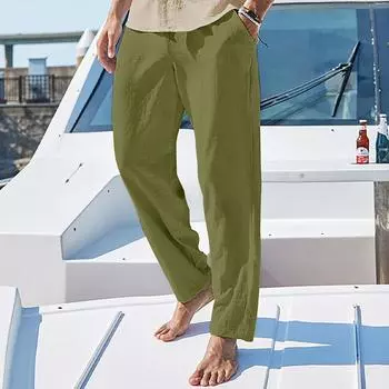 (Отличный дом)Мужские повседневные свободные и удобные повседневные брюки, хлопковые льняные брюки на шнуровке XXL чёрный