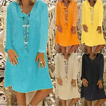 (Отличный дом)Женская мода сплошной цвет V-образным вырезом с длинным рукавом из хлопка и льна свободное платье XXL чёрный