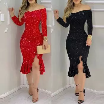 (Отличный дом)Женское повседневное сексуальное однотонное платье с одной линией шеи и рюшами и разрезом и пайетками L красный