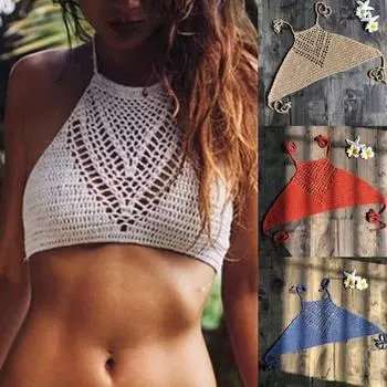 Отличный пляжный топ, вязанный крючком, с бретелькой на шее, на шнуровке, легкий укороченный топ для плавания для плавания хаки