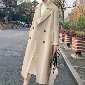 Отложной воротник элегантный пояс тонкий шерстяное пальто осень зима модное женское пальто офисная леди свободное простое пальто в стиле Хепберн S абрикосовый