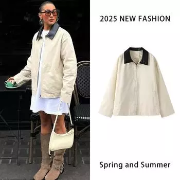 Отложной воротник, вставки контрастных курток, женские повседневные свободные молнии с длинными рукавами, женская осенняя уличная верхняя одежда M белый