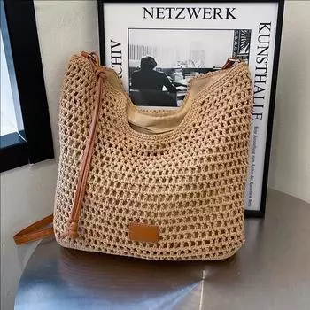 Отправляясь на пляж в отпуск, пляжная сумка через плечо, женская ажурная плетеная сумка-ведро большой вместимости для поездок на работу хаки