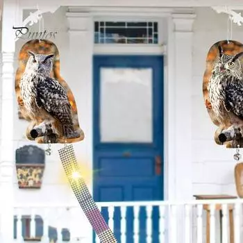 Отпугиватель птиц, поддельная статуя совы со шнурком, колокольчики, светоотражающая лента, вращение на 360 градусов, репеллент для птиц, садовые принадлежности C