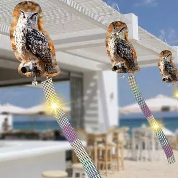 Отпугиватель птиц, поддельная статуя совы со шнурком, колокольчики, светоотражающая лента, вращение на 360 градусов, репеллент для птиц, садовые принадлежности C