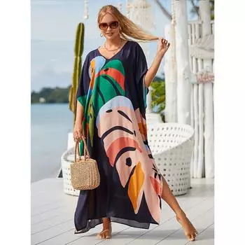Отпускное платье больших размеров, женское платье макси с рукавами «летучая мышь» и V-образным вырезом с разрезом по подолу и принтом листьев One-size