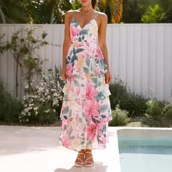 Отпускной и повседневный стиль Цветочный маленький топ-халтер Платье-халтер с высокой талией и открытой спиной Женская одежда 2025 S