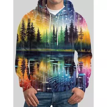 Отражение в воде 3D-печатная мужская толстовка с капюшоном Повседневная осень-зима Пуловер с капюшоном Длинный рукав Модный тренд Спортивная толстовка S