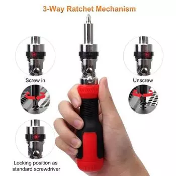 Отвертка с храповым механизмом и нескользящей ручкой Высокопрочная многофункциональная отвертка 13-в-1 с возможностью поворота на 180 градусов и регулируемым углом красный