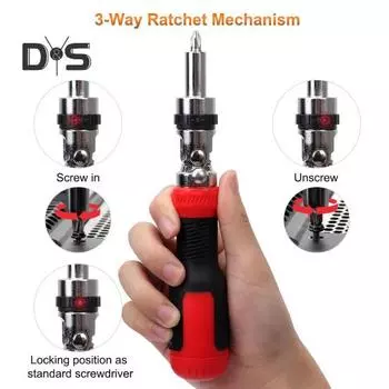 Отвертка с храповым механизмом и нескользящей ручкой Высокопрочная многофункциональная отвертка 13-в-1 с возможностью поворота на 180 градусов и регулируемым углом красный