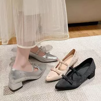 Ou Ruofeng thick heel inner heel heel shoes women s 2025 spring and summer new bow temperament socialite pointed rhinestone single shoes 34 серебряный