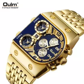 Oulm Gold Mens Watches 3 Time Zones Мужские кварцевые наручные часы Роскошные брендовые полностью стальные военные часы 9315, корейские популярные часы