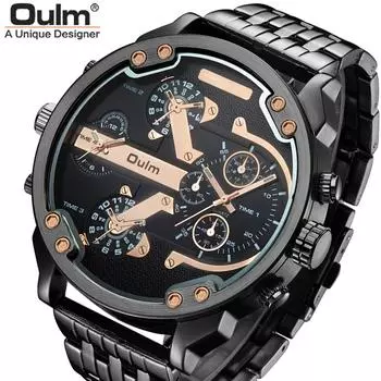 Oulm Классические повседневные мужские часы с большим циферблатом и двойным часовым поясом, ремешок из сплава, мужские часы, кварцевые часы, модные деловые часы премиум-класса