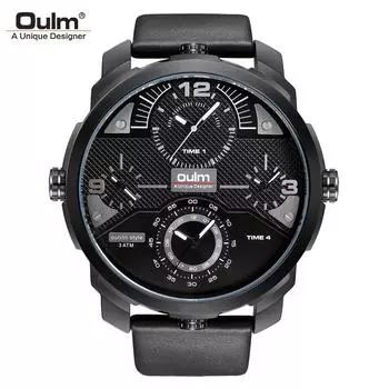 OULM Новые часы Мужской большой циферблат, Мультимеханизм с несколькими часовыми поясами, Водонепроницаемые кварцевые часы, Часы из натуральной кожи