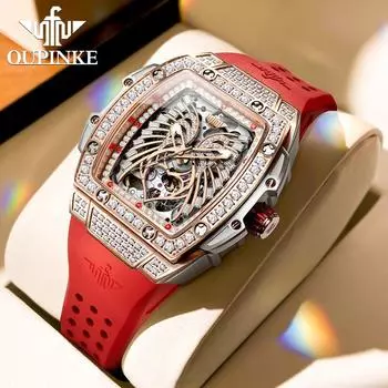 OUPINKE Механические часы с полой винной бочкой, модные водонепроницаемые женские часы с силиконовым ремнем, женские часы