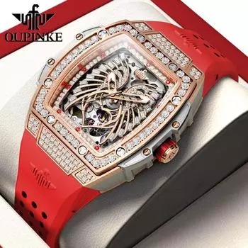 OUPINKE Механические часы с полой винной бочкой, модные водонепроницаемые женские часы с силиконовым ремнем, женские часы