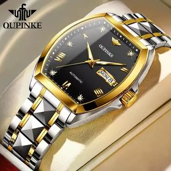 OUPINKE Мужские часы, полностью автоматические механические деловые часы бочкообразного типа, элитные часы
