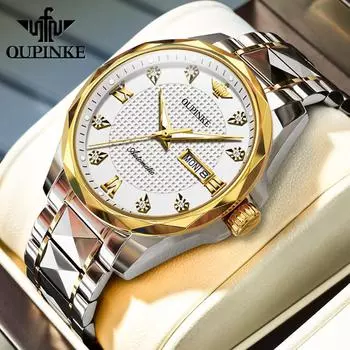 OUPINKE новые лучшие мужские часы, автоматические механические часы из нержавеющей стали, деловые водонепроницаемые часы с двойным календарем, элитные часы