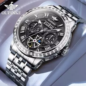OUPINKE Новые мужские часы для бизнеса и отдыха, полностью автоматические механические часы, мужские часы с полым механизмом