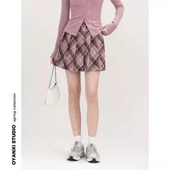 Оуян Си Ретро Клетчатый Весенний Приталенный Костюм Короткая Юбка Powder Gingham-(Skirt-In Stock) S