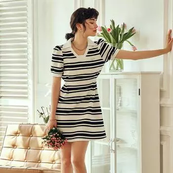 Ouruier French style Black and White Stripe Polo Dress Women s Summer Clothing Small Slim Commuter Temperament Knitted Long dress Stripes In Stock 165/88A/L