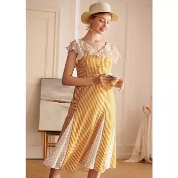 Ouruier French style Light Yellow Polka Dot Dress Women Summer Dopamine Wear Temperament Slimming Patchwork Long Skirt Yellow-In Stock S