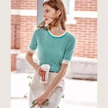 Ouruier French style Plaid Knit Women Summer 2025 Fashion Elegant Elegant round Neck Commuter Short sleeve Top Blue-Green 155/80A/S