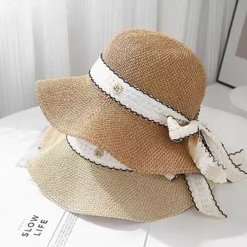 Outdoor 2025 fisherman s hat children spring and summer new bow strap curled edge sun protection hat beach vacation fashion sun hat M56-58cm бежевый