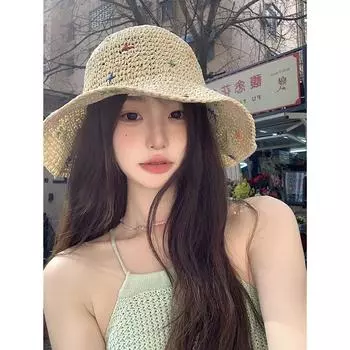 Outdoor color hollow woven straw hat women s summer seaside beach vacation sunshade sunscreen hat big brim fisherman hat M56-58cm бежевый
