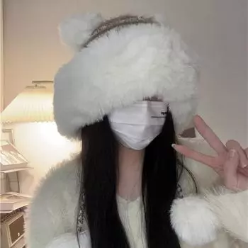 Outdoor cute thickened fluffy hat women s winter thickened cycling warm and cold knitted ear protector M56-58cm