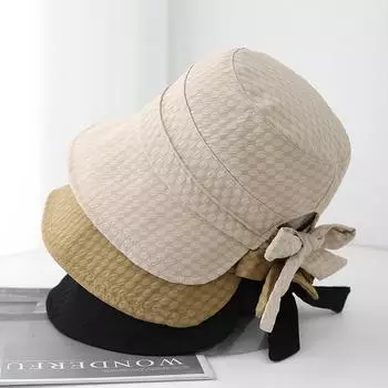 Outdoor Eaves Shade Fisherman Hat Children Spring and Summer Versatile Bow Basin Hat Plain Face Cover Fashion Sunscreen Sun Hat M56-58cm чёрный