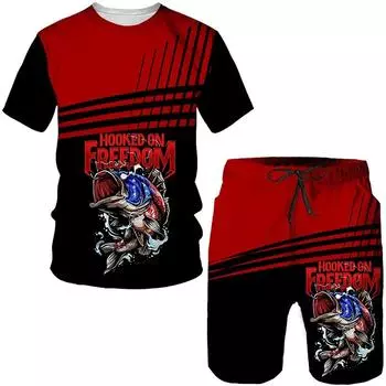 Outdoor Fishing 2 Piece Set Mens Retro 3D Printed Summer Suit Round Neck T-shirt Fashionable Loose Sports Shirt S