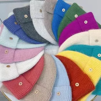 Outdoor fixed dyeing powder/gray rabbit hair knitted wool hat women s autumn and winter B letter hat warm and anti-stacking hat cold hat tide M56-58cm чёрный